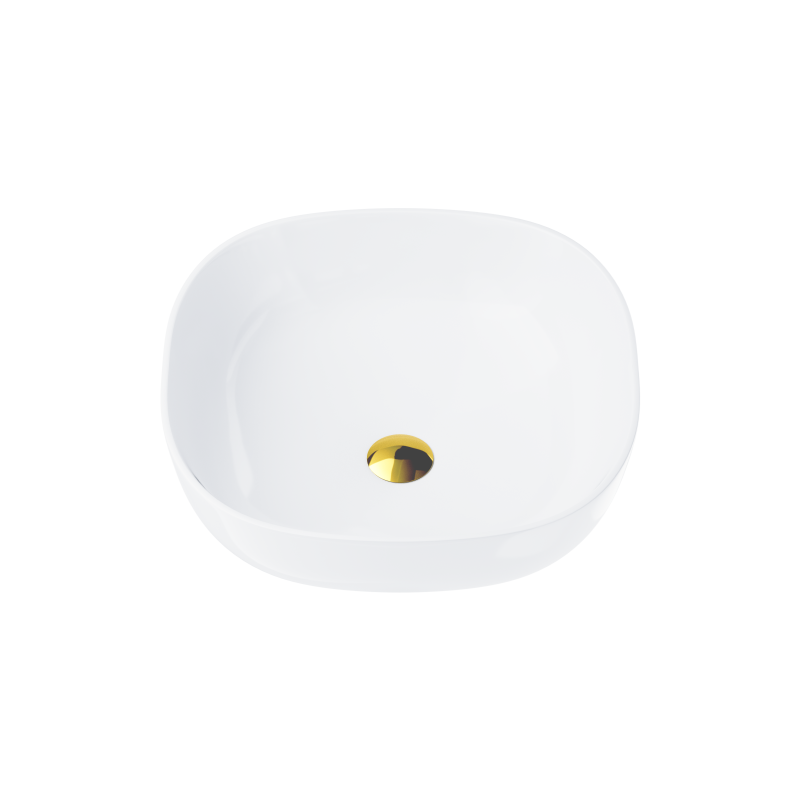Umywalka nablatowa corsan kwadratowa 420x420x145 mm z korkiem klik-klak złotym