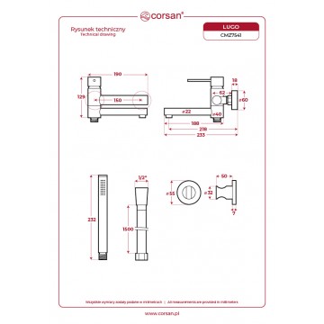 Bateria wannowa ścienna corsan lugo cmb7541ch z zestawem natryskowym