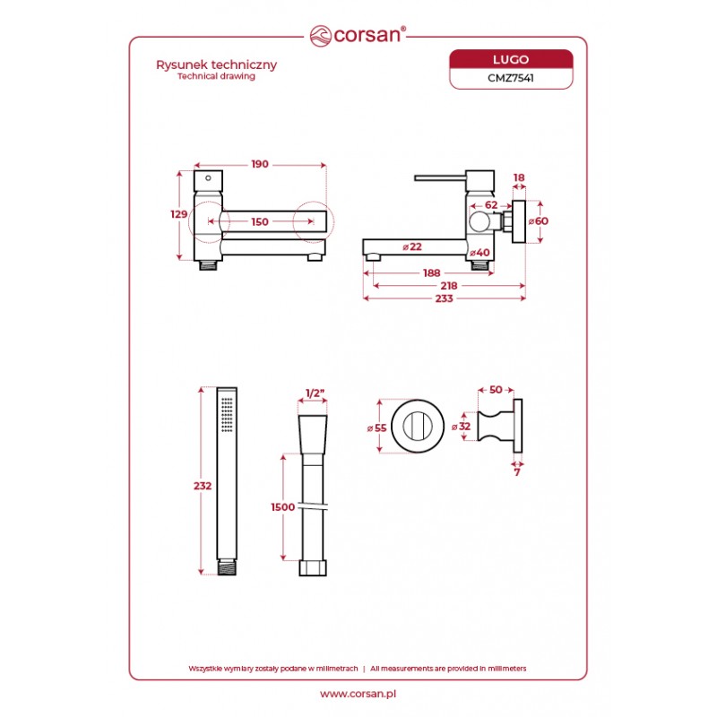 Bateria wannowa ścienna corsan lugo cmb7541ch z zestawem natryskowym