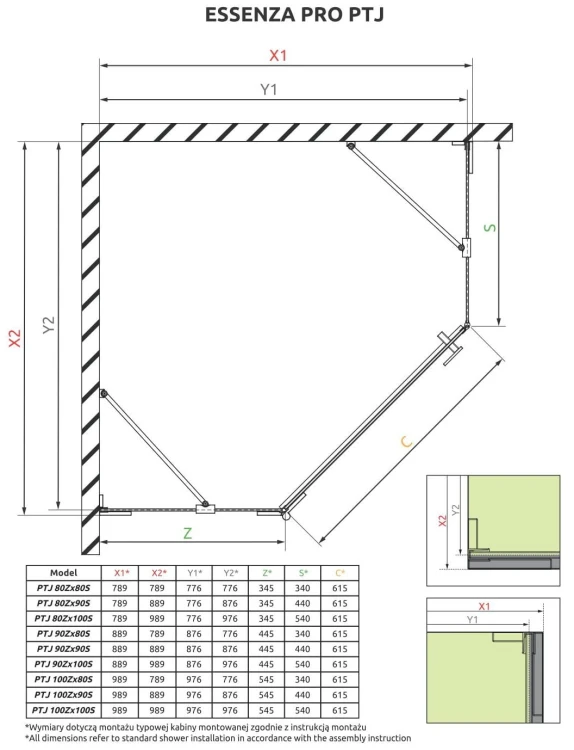 Kabina pięciokątna Radaway Essenza Pro PTJ 90x100x200 lewa przejrzysta