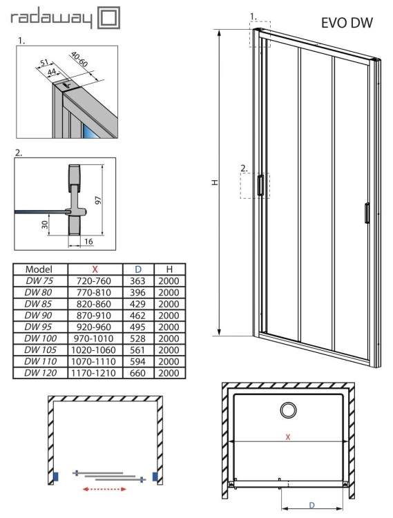 Drzwi prysznicowe Radaway Evo DW 120x200 szkło przejrzyste