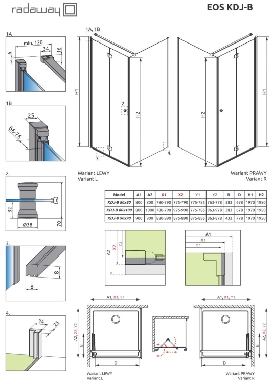 Kabina prostokątna Radaway Eos KDJ-B 80x100x197 prawa, szkło przejrzyste