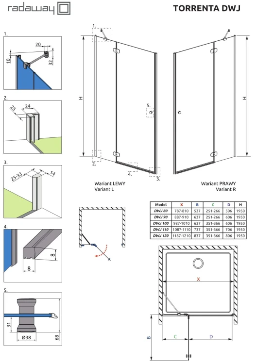 Drzwi prysznicowe Radaway Torrenta DWJ 120x195 lewe, szkło przejrzyste