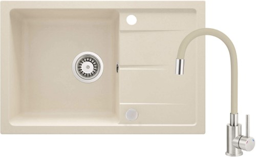 Zlewozmywak granitowy beżowy z baterią z giętą wylewką Leda Deante