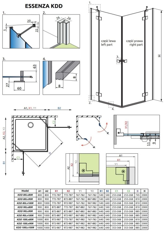 Kabina Radaway Essenza Black KDD 90x80x200 szkło przejrzyste