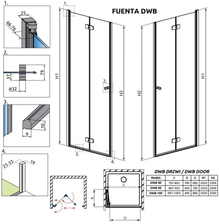 Drzwi prysznicowe Radaway Fuenta DWB 80x200 lewe