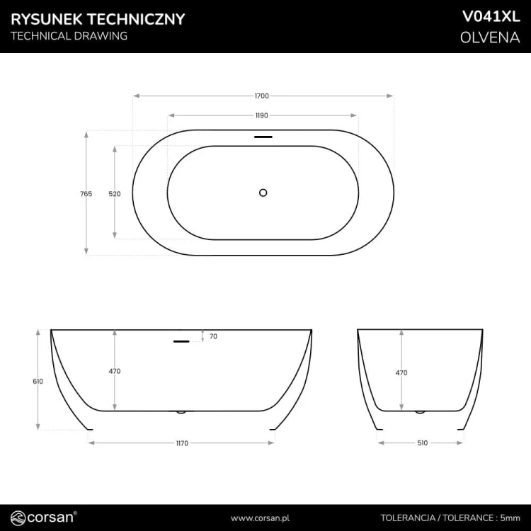 Wanna wolnostojąca olvena v041xlbl 170 cm korek klik klak czarny