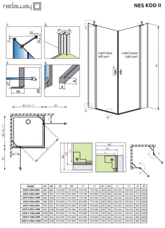 Kabina Radaway Nes Black KDD II 90x90x200 czarna przejrzysta