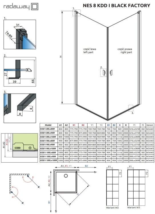 Kabina Radaway Nes 8 Black KDD I Factory 90x90x200 szkło przejrzyste