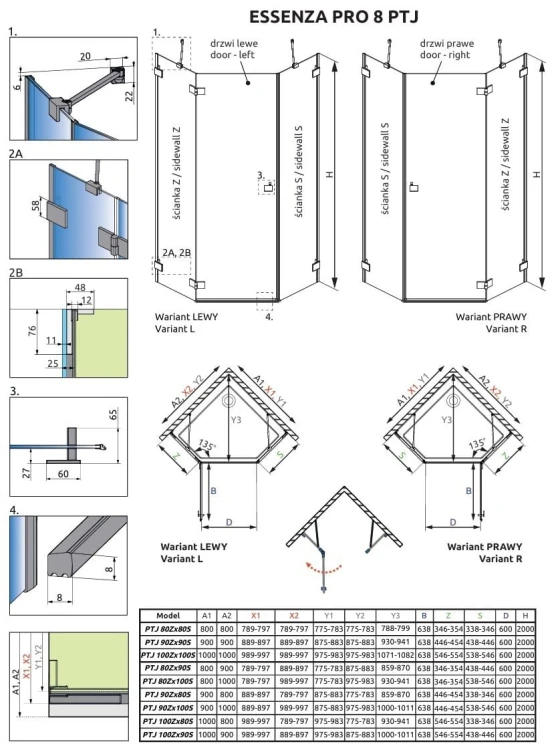 Kabina pięciokątna Essenza Pro 8 Brushed Nickel PTJ Radaway lewa