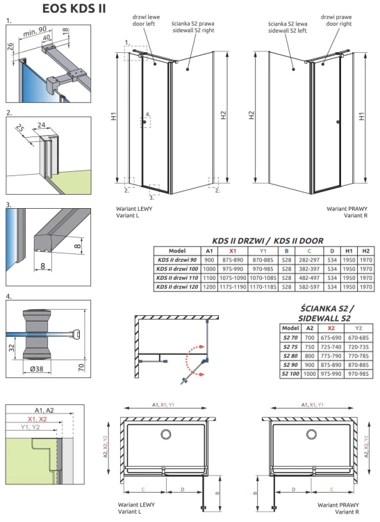 Kabina kwadratowa Radaway Eos KDS II 90x90x197 lewa, szkło przejrzyste