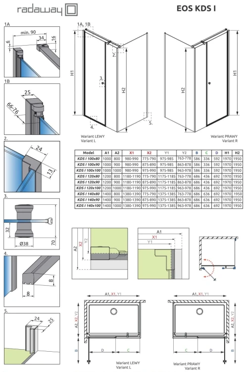 Kabina prostokątna Radaway Eos KDS I 120x80 lewa, szkło przejrzyste