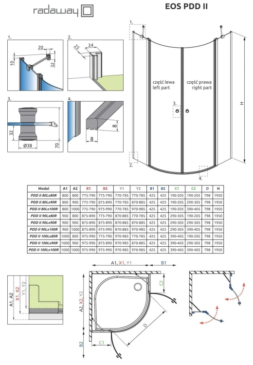 Kabina półokrągła Radaway Eos PDD II 100x90x195 szkło przejrzyste