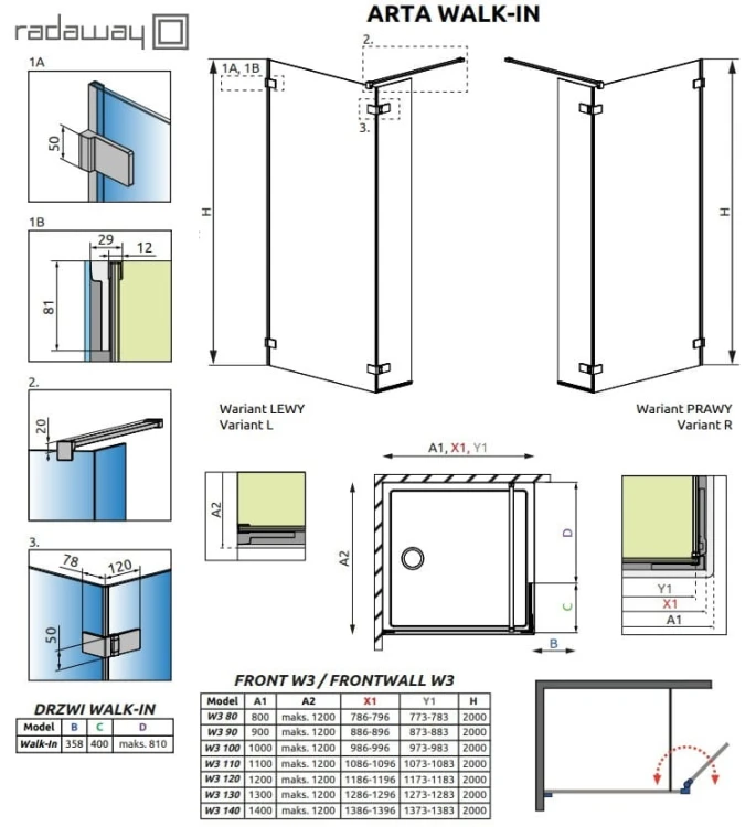 Kabina Radaway Arta walk-in 120x200 lewa, szkło przejrzyste