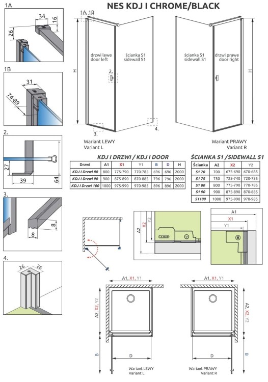 Kabina Radaway Nes Black KDJ I 100x100x200 lewa szkło przejrzyste
