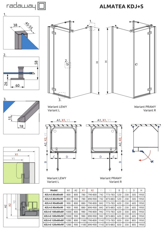OUTLET Kabina przyścienna Radaway Almatea KDJ+S 80x80x195 lewa przejrzysta
