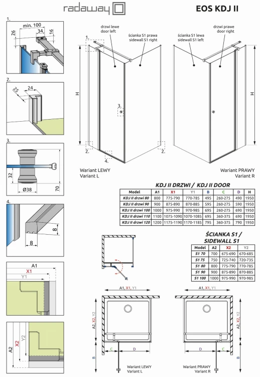 Kabina kwadratowa Radaway Eos KDJ II 90x90x195 lewa, szkło przejrzyste