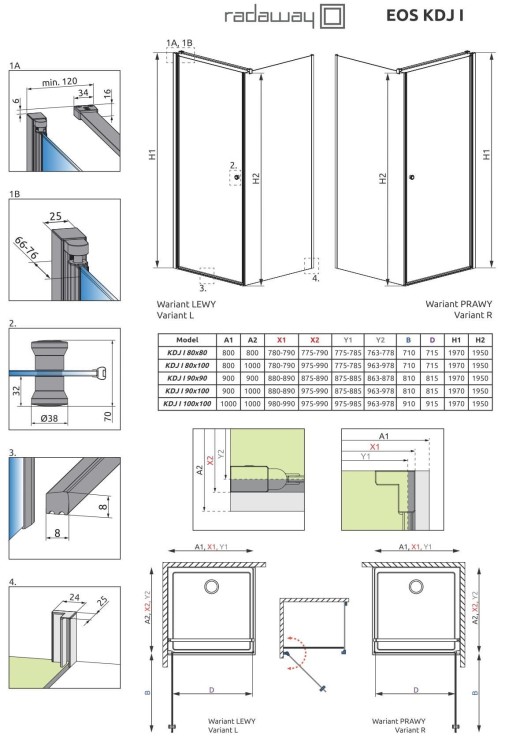 Kabina prostokątna Radaway Eos KDJ I 80x100x197 szkło przejrzyste, prawa
