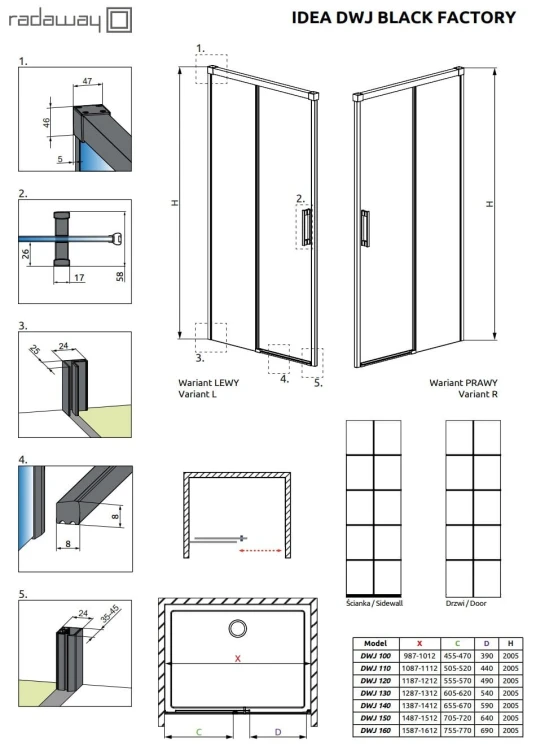 Drzwi prysznicowe Idea Black DWJ Factory Radaway prawe