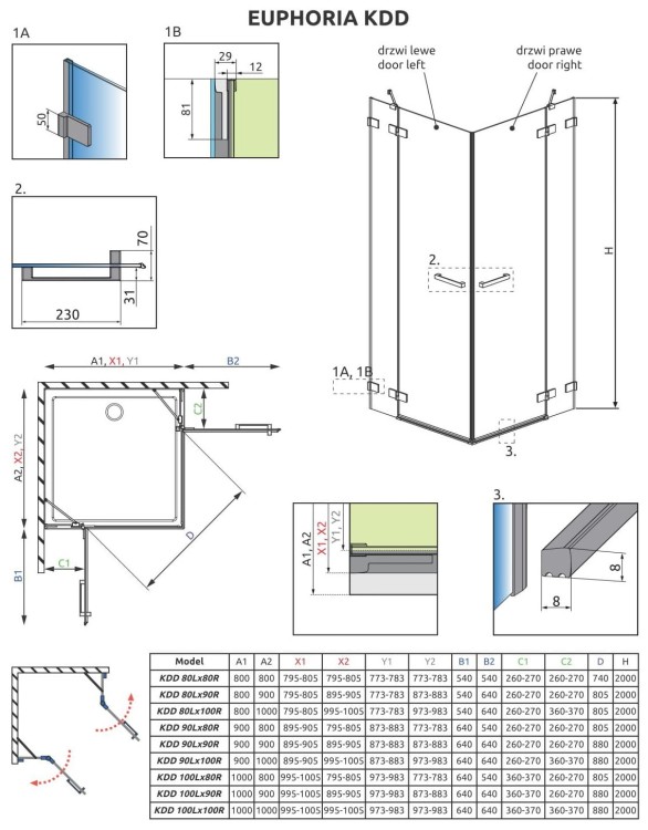 Kabina prostokątna Radaway Euphoria KDD 90x100x200 szkło przejrzyste