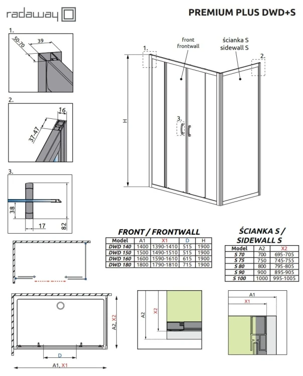 Kabina prysznicowa Radaway Premium Plus DWD+S 160x80x190 szkło fabric