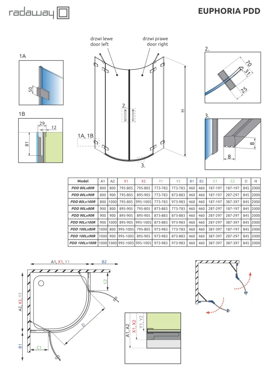 Kabina prysznicowa półokrągła Euphoria PDD 100x90x200 szkło przejrzyste Radaway
