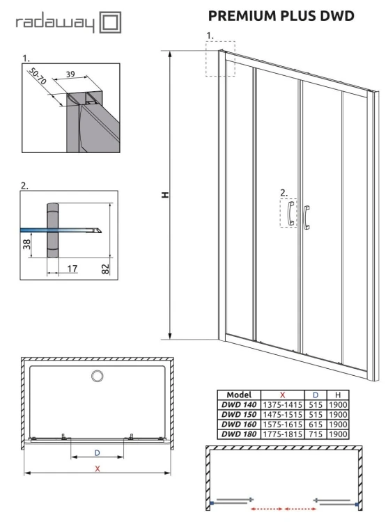 Drzwi wnękowe Radaway Premium Plus DWD 140x190 szkło brązowe