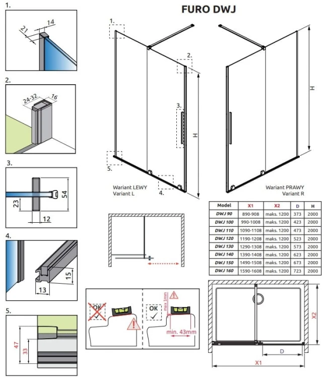 Drzwi prysznicowe Furo Black DWJ 150x200 Radaway lewe czarne