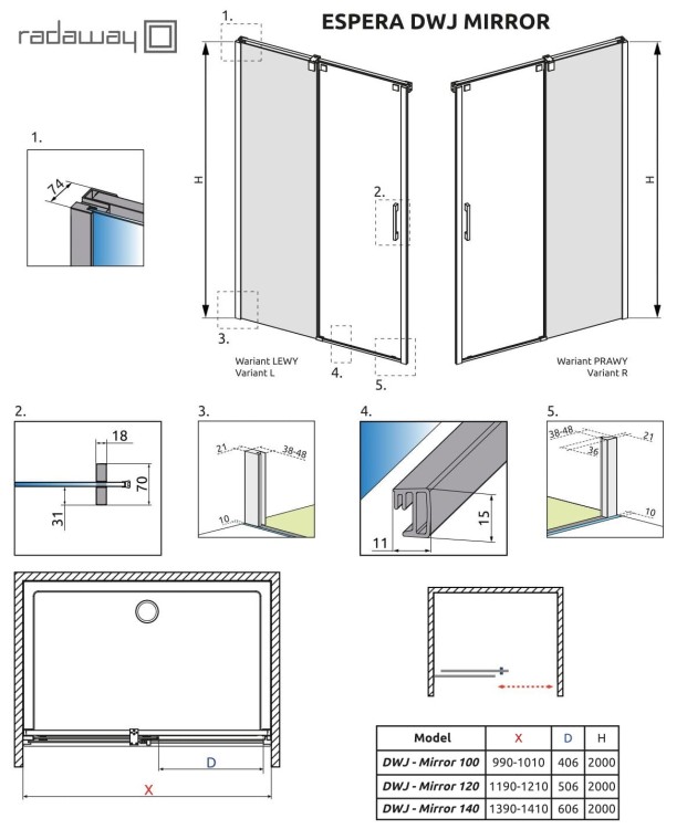 Drzwi Radaway Espera DWJ Mirror 100 lewe przejrzyste lustrzane