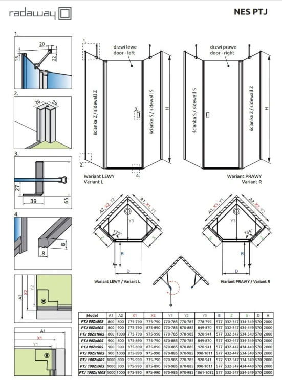 Kabina pięciokątna Radaway Nes PTJ 90x90x200 szkło przejrzyste, wersja lewa