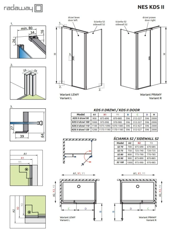 Kabina Radaway Nes Black KDS II 90x90x200 prawa przejrzysta czarna