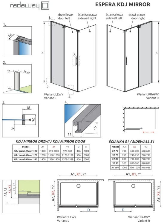 Kabina Radaway Espera KDJ Mirror 100x70x200 prawa przejrzysta