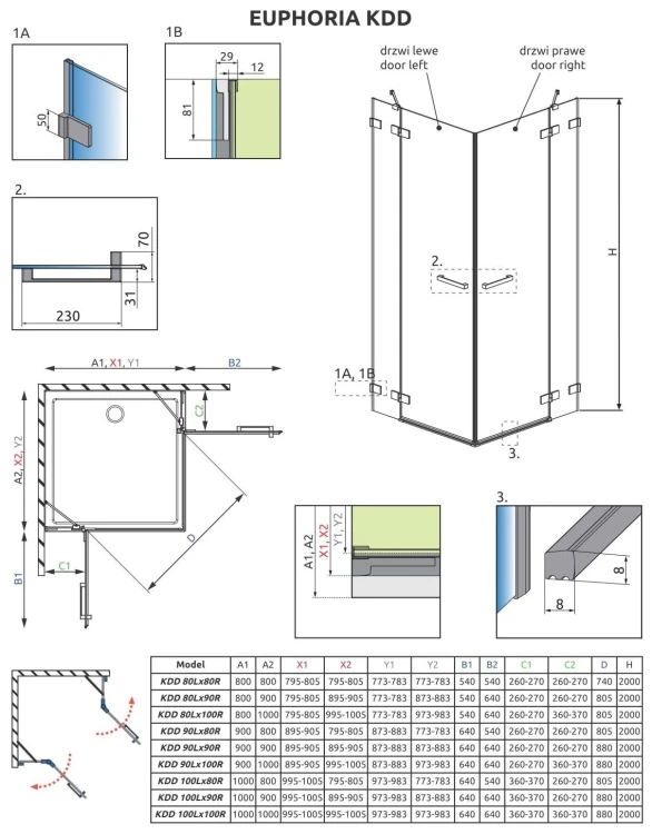 Kabina prostokątna Radaway Euphoria KDD 100x80x200 szkło przejrzyste