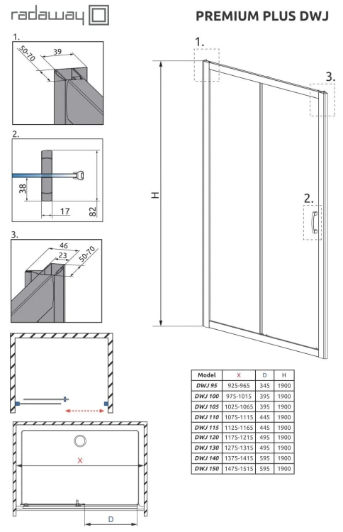 Drzwi prysznicowe Radaway Premium Plus DWJ 110x190 przejrzyste
