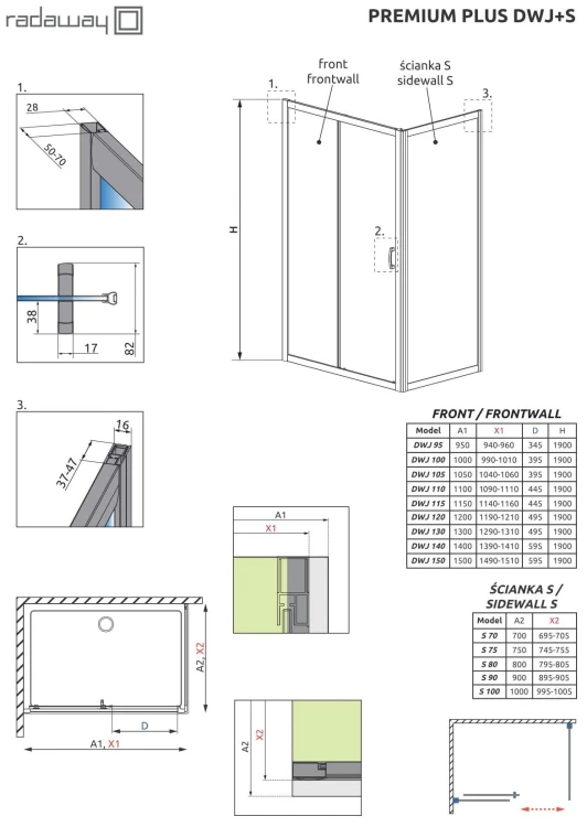Kabina prysznicowa Radaway Premium Plus DWJ+S 100x80x190 szkło brąz
