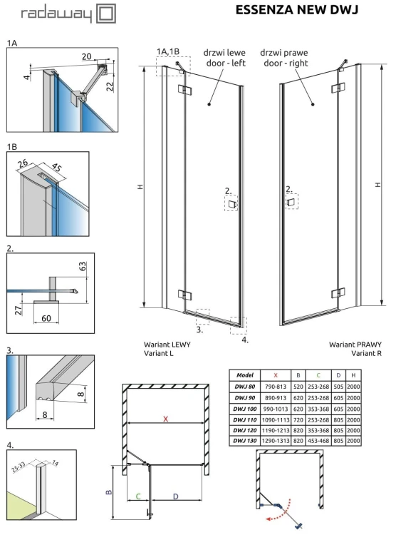 OUTLET Drzwi Radaway Essenza New DWJ 80x200 lewe przejrzyste