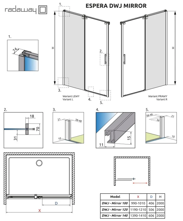 Drzwi Radaway Espera DWJ Mirror 120 lewe przejrzyste lustrzane