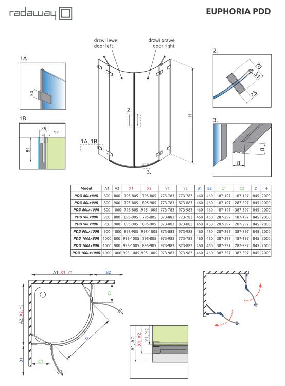 Kabina prysznicowa półokrągła Euphoria PDD 80x90x200 szkło przejrzyste Radaway