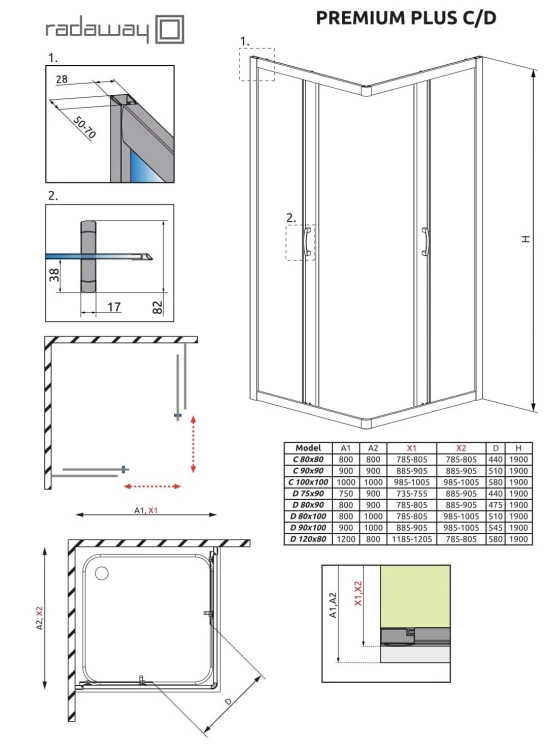 Kabina kwadratowa Radaway Premium Plus C 100x100x190 szkło grafitowe
