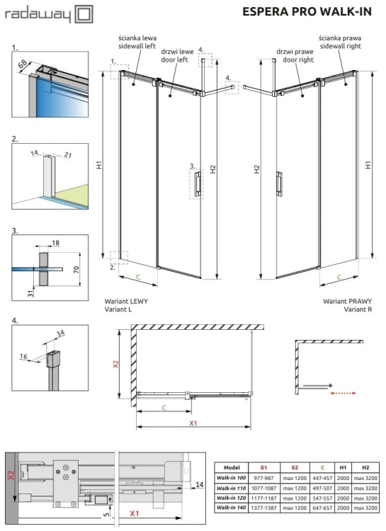 Kabina prysznicowa Radaway Espera Pro Walk-in prawa przejrzysta