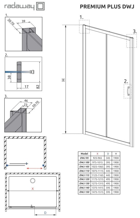 Drzwi prysznicowe Radaway Premium Plus DWJ 100x190 przejrzyste