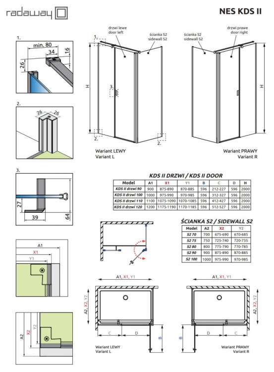 Kabina Radaway Nes Black KDS II 90x90x200 lewa przejrzysta czarna
