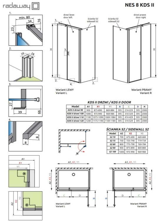 Kabina Radaway Nes 8 Black KDS II 90x90x200 prawa przejrzysta czarna