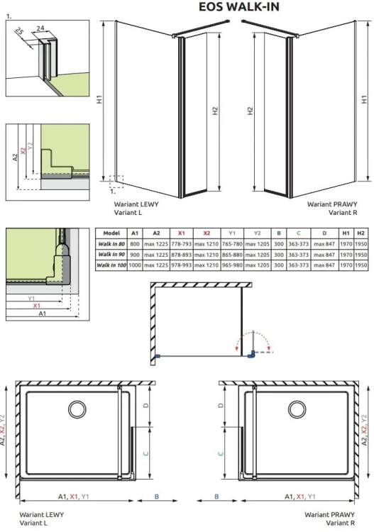 Kabina prysznicowa Radaway Eos Walk-In 90x197 prawa, szkło przejrzyste
