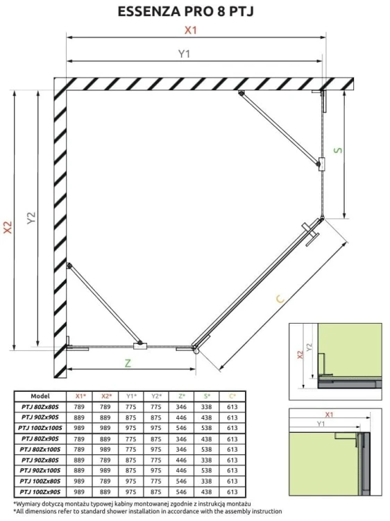 Kabina pięciokątna Essenza Pro 8 Brushed Nickel PTJ Radaway lewa