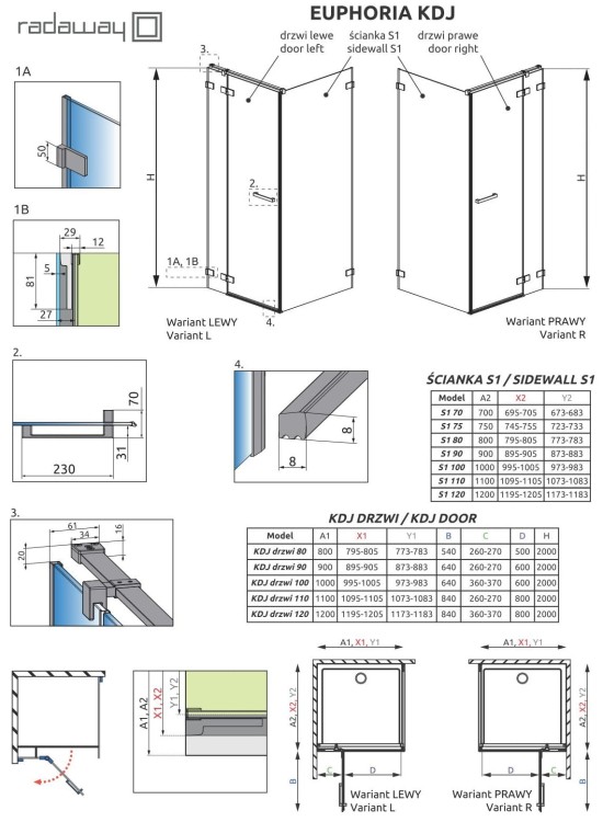 Kabina prostokątna Radaway Euphoria KDJ 80x100x200 lewa, szkło przejrzyste