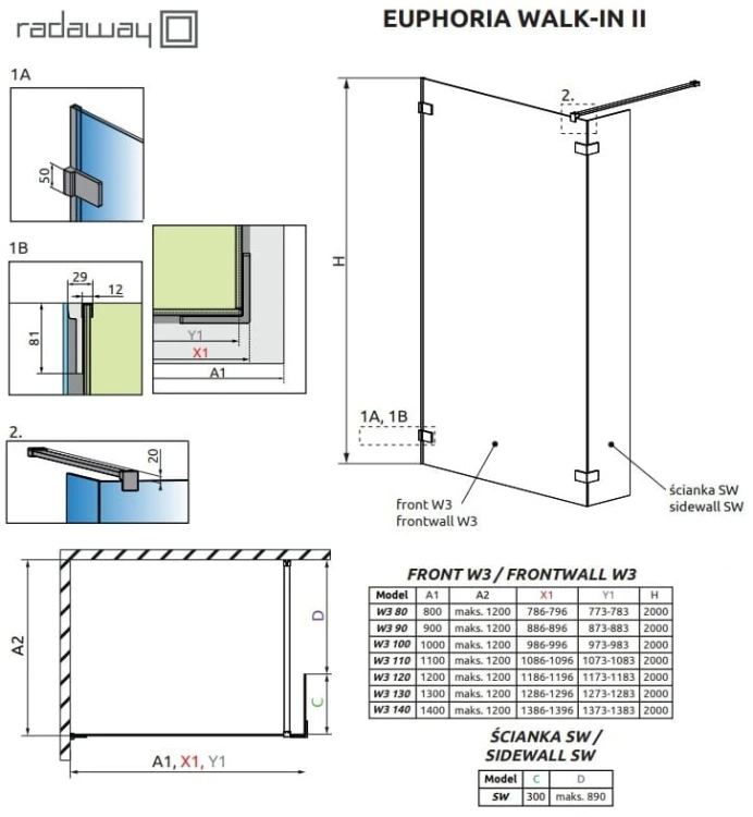 Kabina Radaway Euphoria walk-in II 130x200 szkło przejrzyste