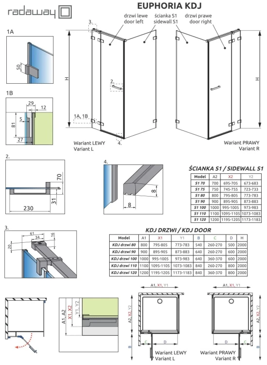 Kabina prostokątna Radaway Euphoria KDJ 100x110x200 prawa, szkło przejrzyste