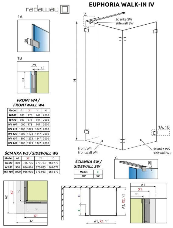 Kabina Radaway Euphoria walk-in IV 100x80x200 szkło przejrzyste