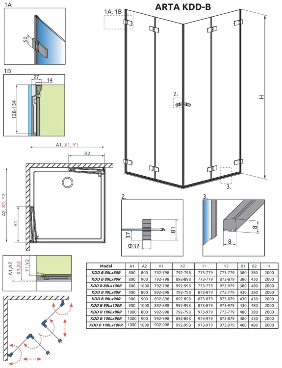 Kabina prostokątna Radaway Arta KDD B 80x90x200 szkło przejrzyste